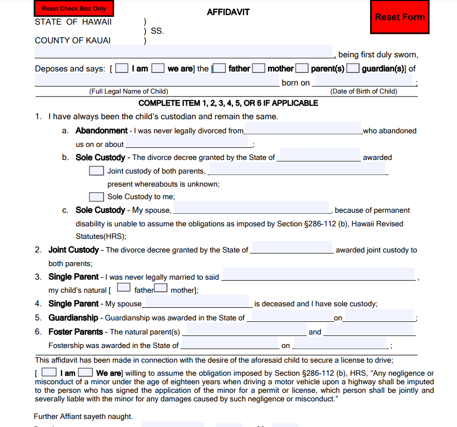Affidavit of Voluntary Relinquishment of Parental Rights Form Hawaii