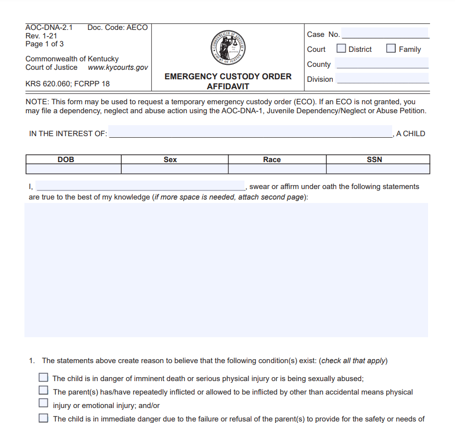 Affidavit of Voluntary Relinquishment of Parental Rights Form Kentucky
