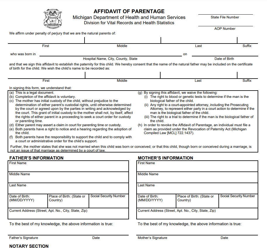 Affidavit of Voluntary Relinquishment of Parental Rights Form Michigan
