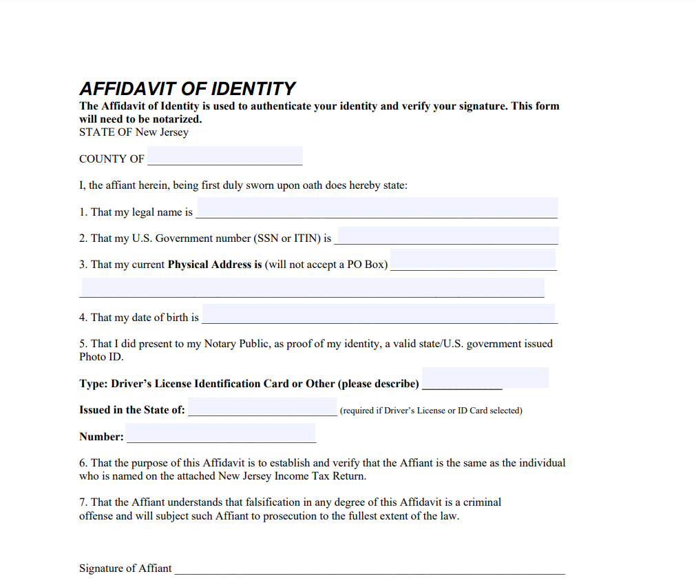 New Jersey Affidavit Form