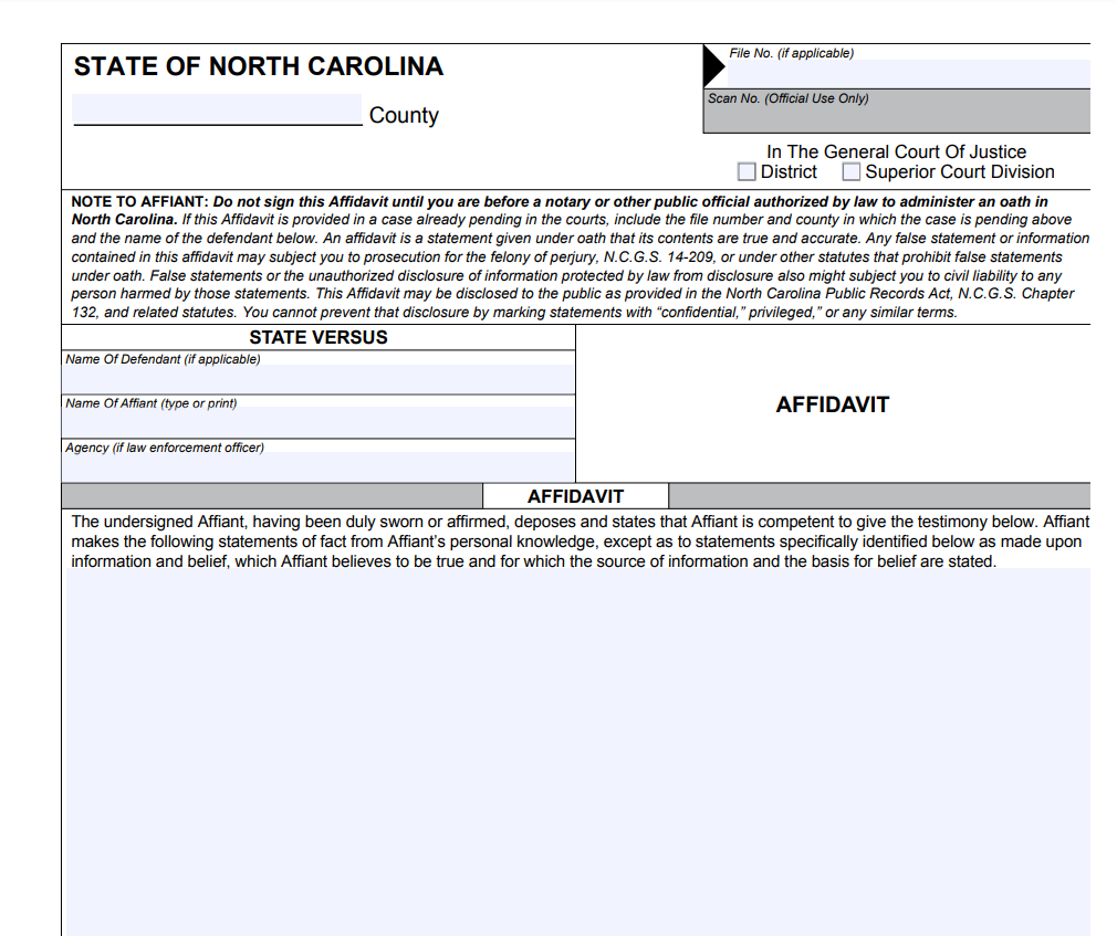 North Carolina Affidavit Form
