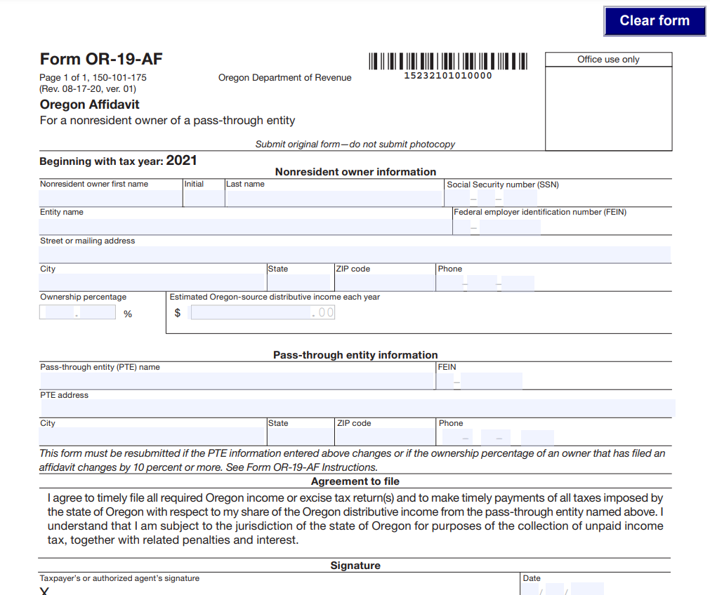 Oregon Affidavit Form