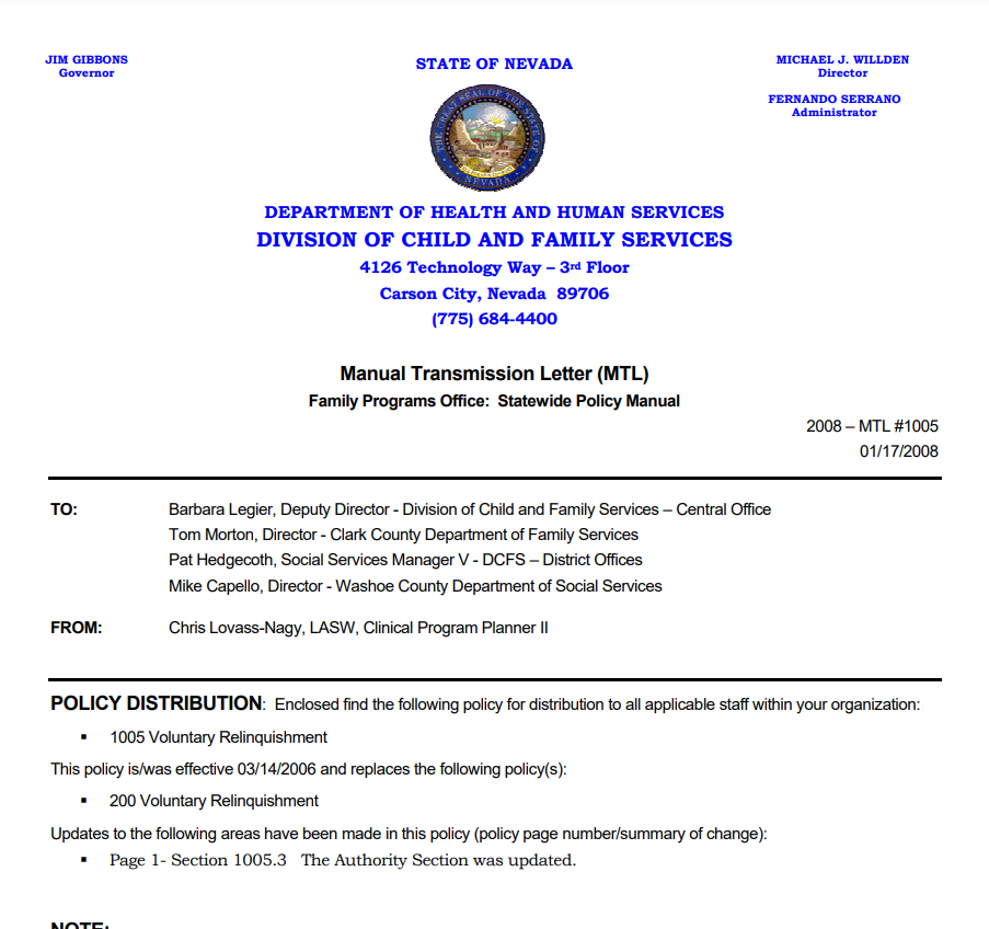 Affidavit of Voluntary Relinquishment of Parental Rights Form Nevada