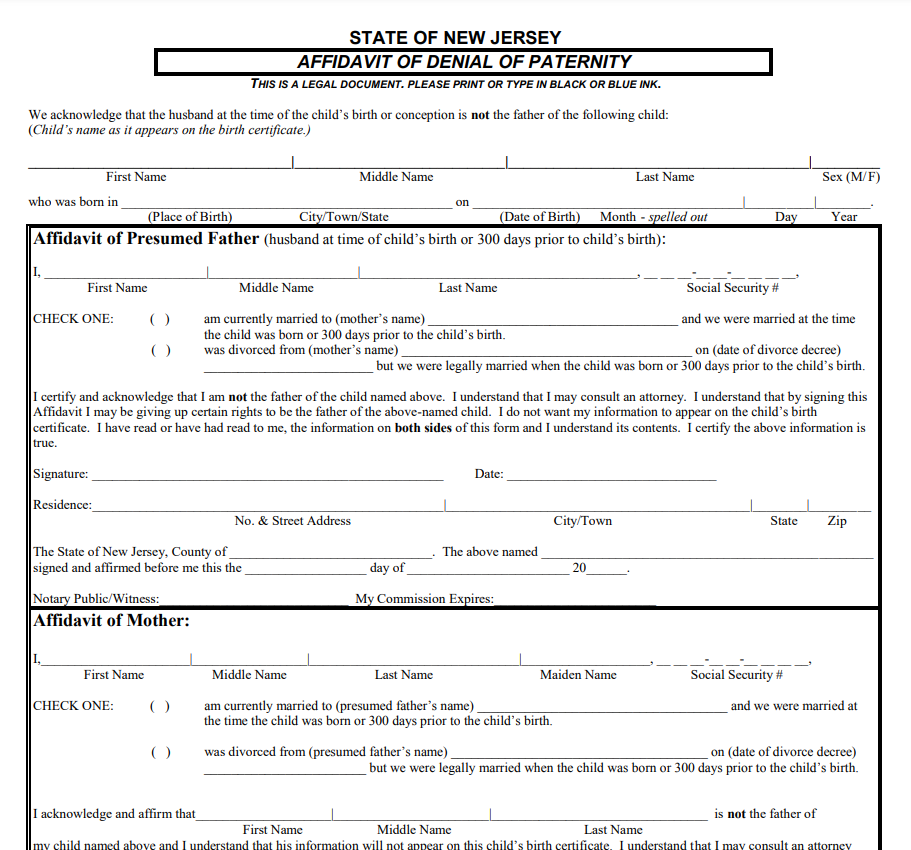 Affidavit of Voluntary Relinquishment of Parental Rights Form New Jersey