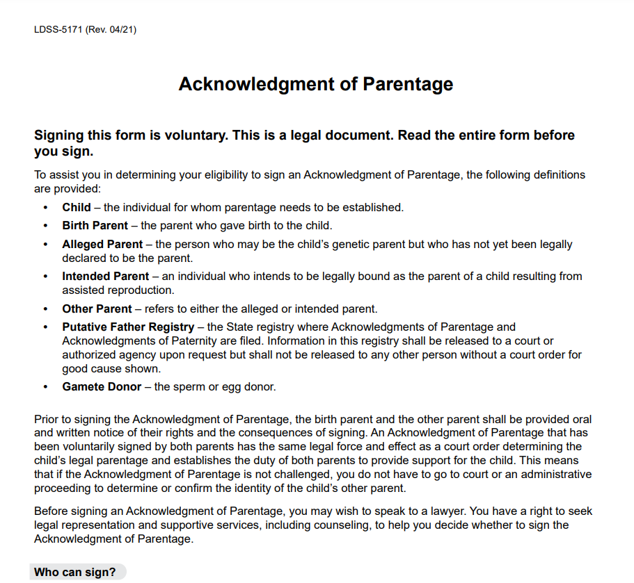 Affidavit of Voluntary Relinquishment of Parental Rights Form New York