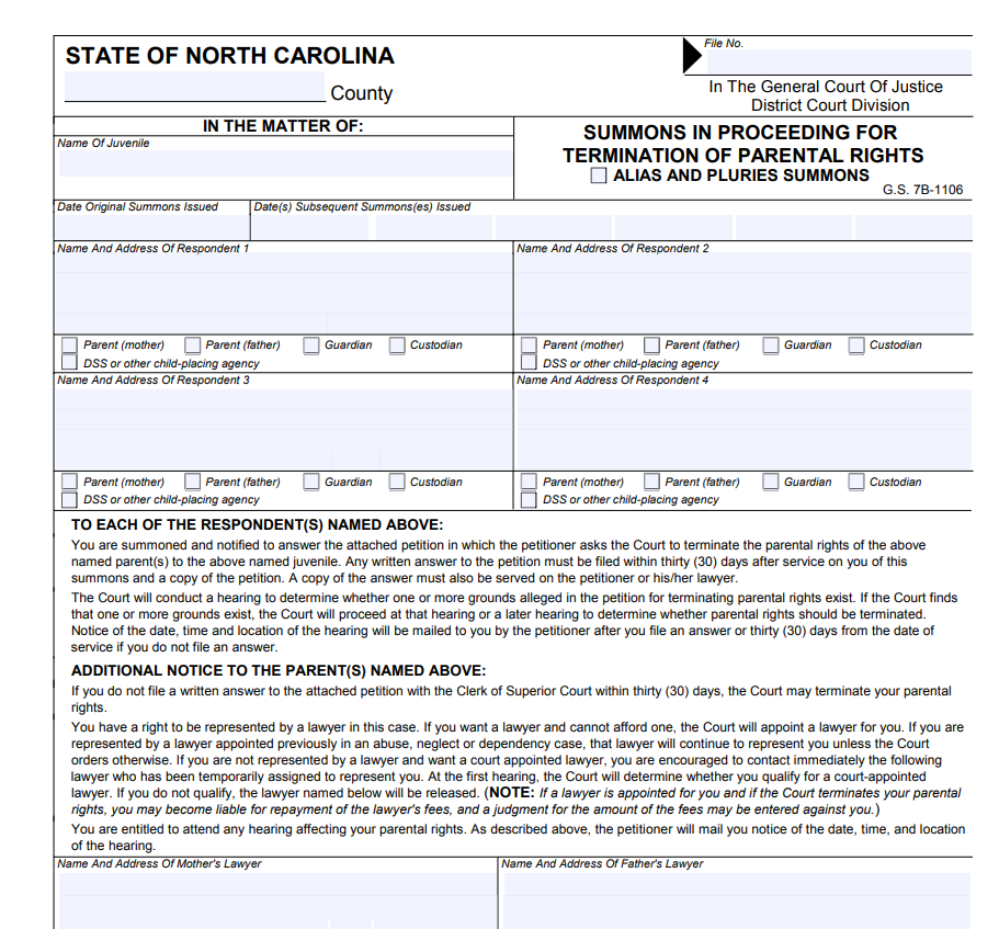 Affidavit of Voluntary Relinquishment of Parental Rights Form North Carolina