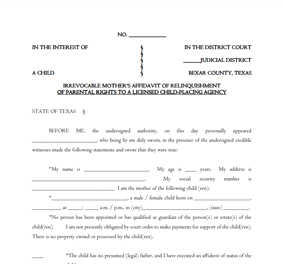 Affidavit of Voluntary Relinquishment of Parental Rights Form Texas