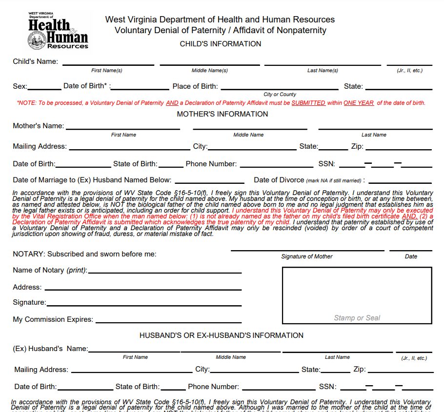 Affidavit of Voluntary Relinquishment of Parental Rights Form West Virginia