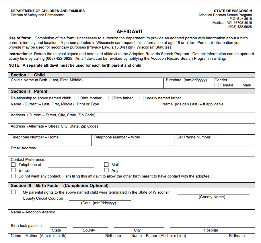 Affidavit of Voluntary Relinquishment of Parental Rights Form Wisconsin