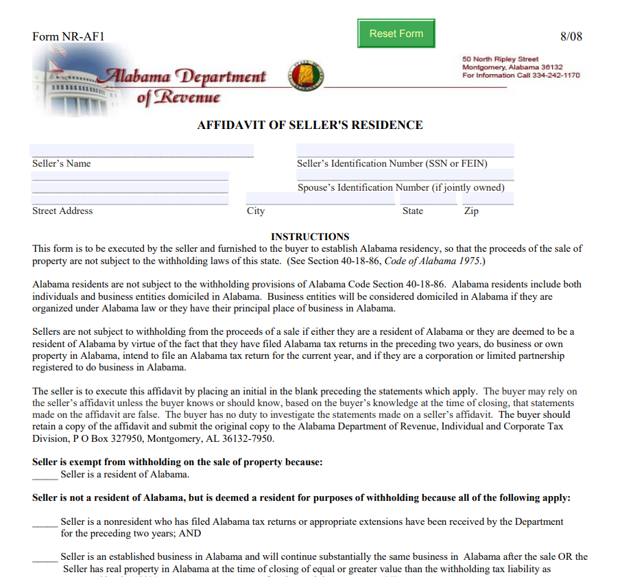 Alabama Residency Affidavit Form