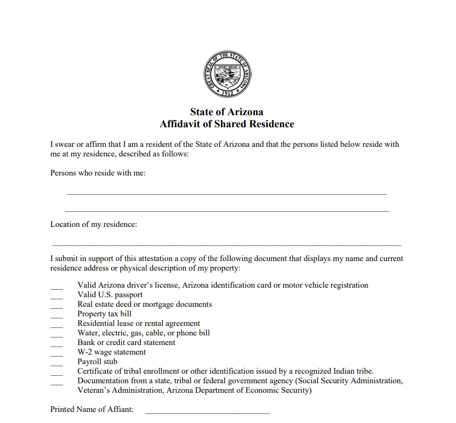 Arizona Residency Affidavit Form