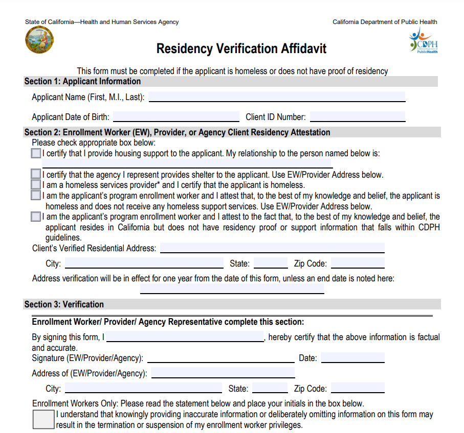 California Residency Affidavit Form