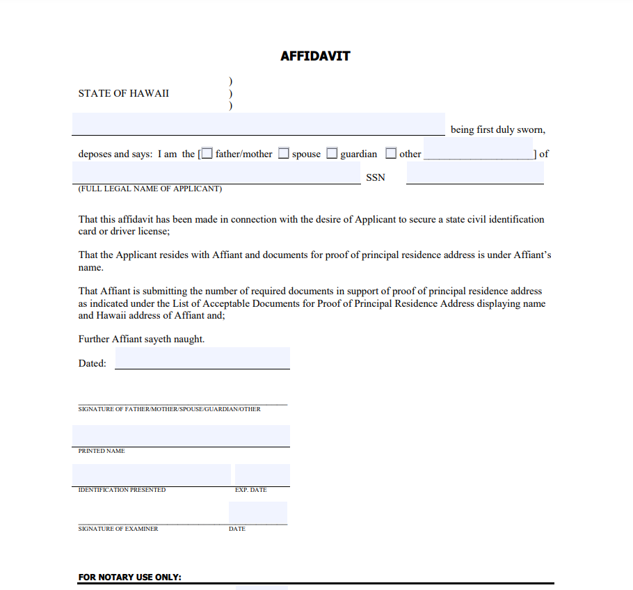 Hawaii Residency Affidavit Form