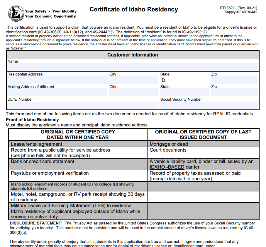 Idaho Residency Affidavit Form