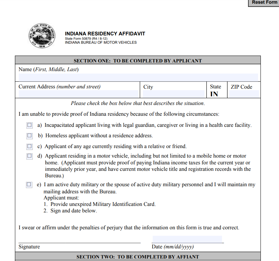 Indiana Residency Affidavit Form