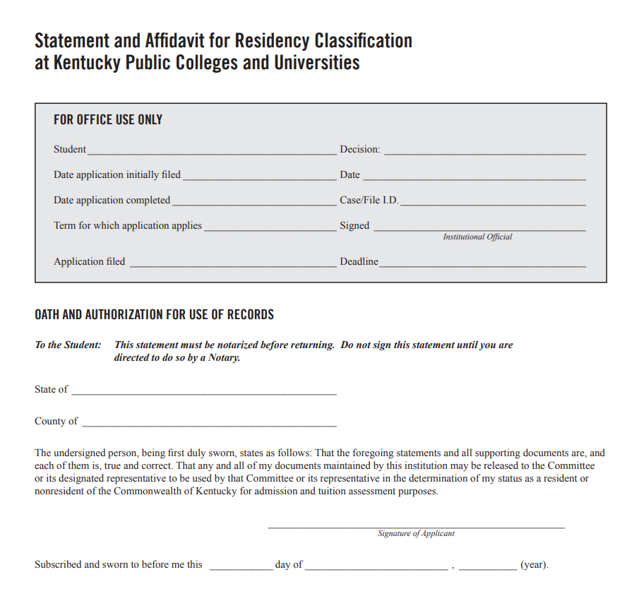 Kentucky Residency Affidavit Form