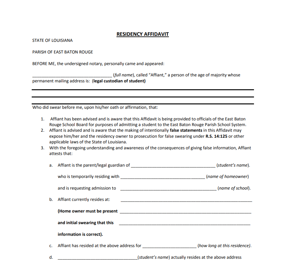 Louisiana Residency Affidavit Form