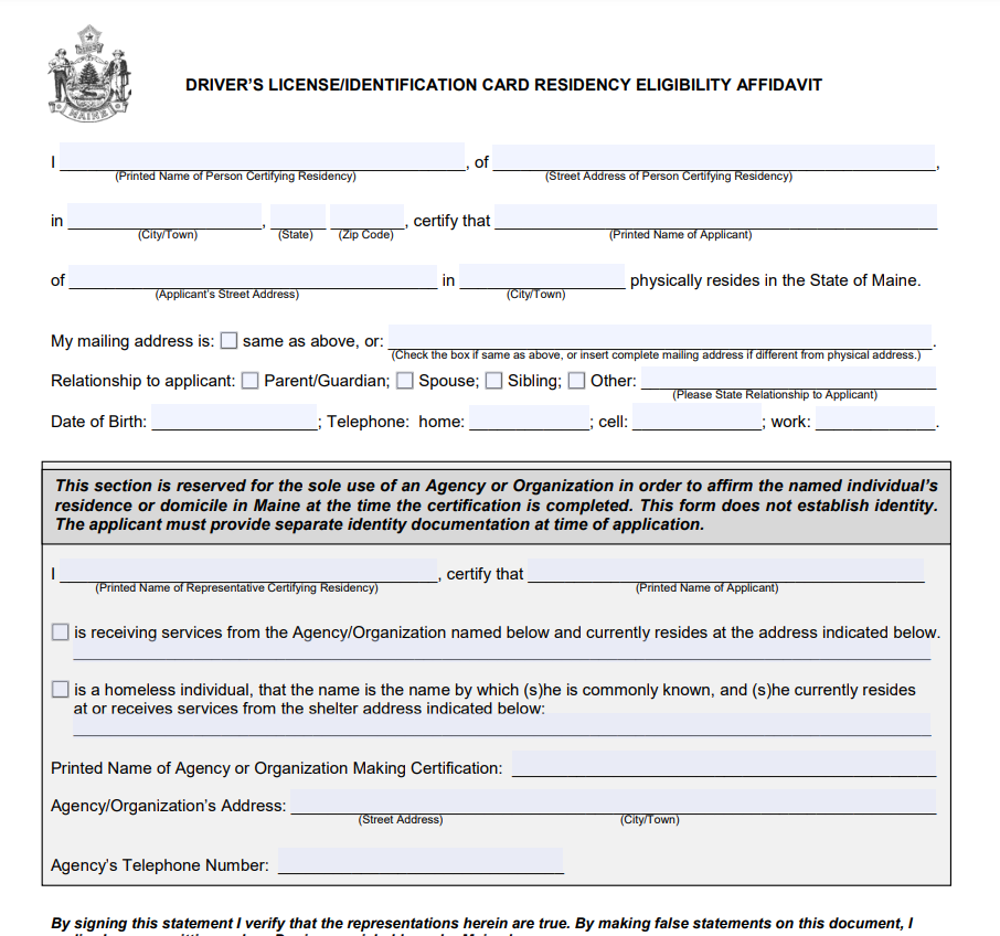 Maine Residency Affidavit Form