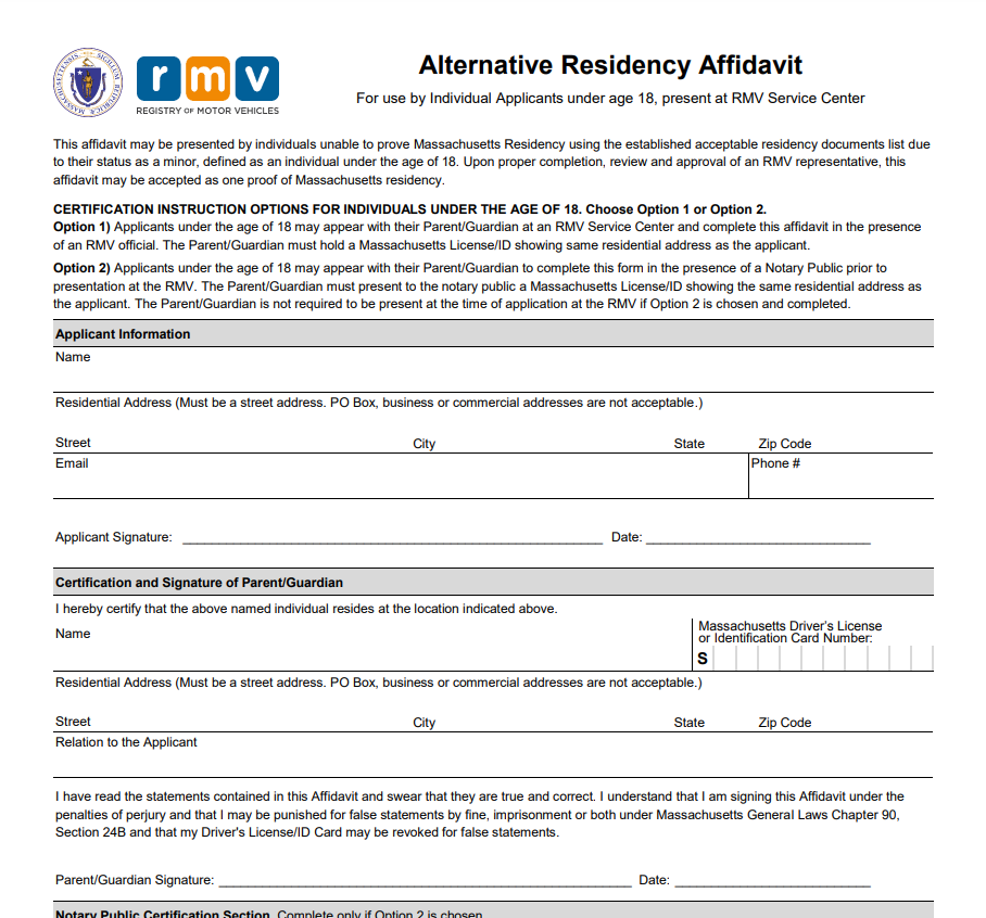 Massachusetts Residency Affidavit Form
