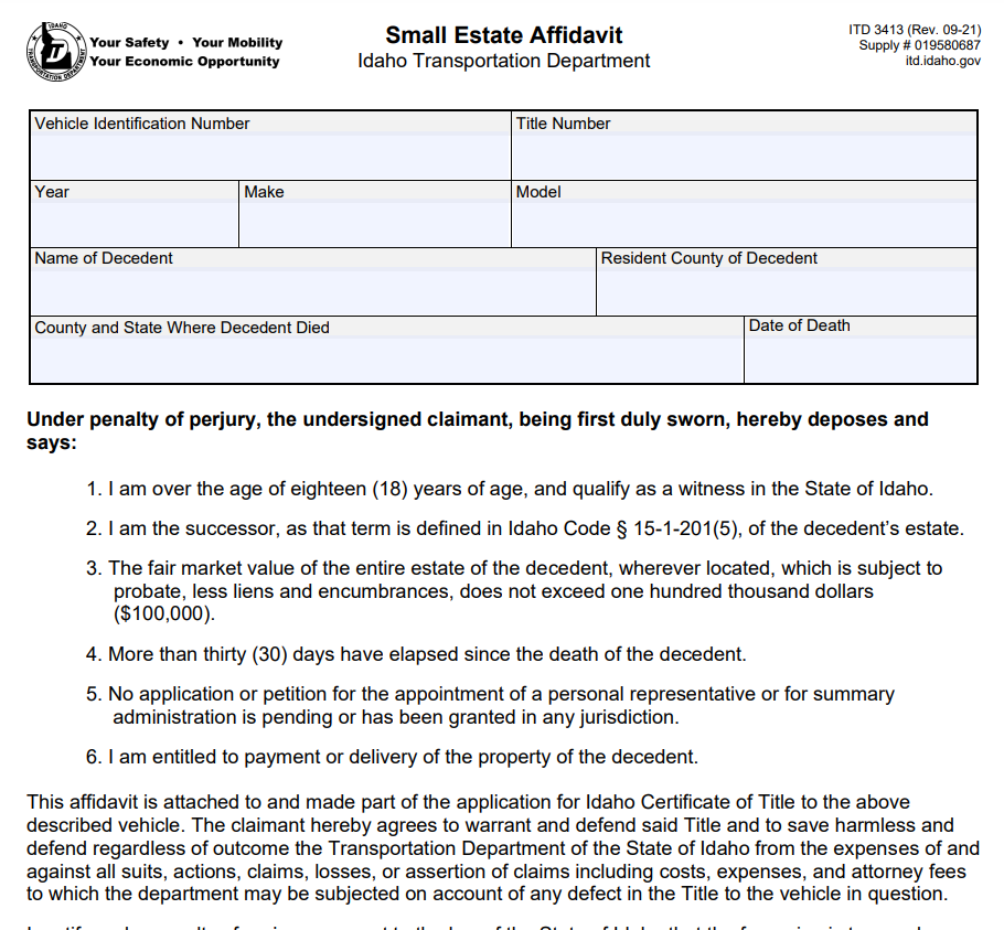 Non Probate Affidavit Idaho