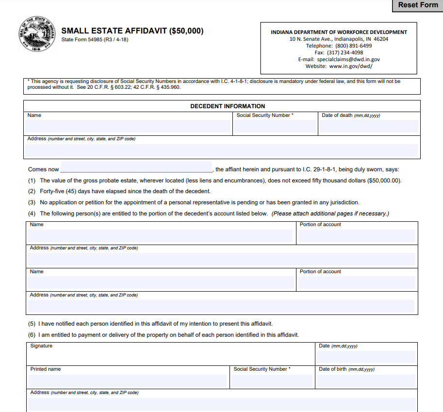 Non Probate Affidavit Indiana