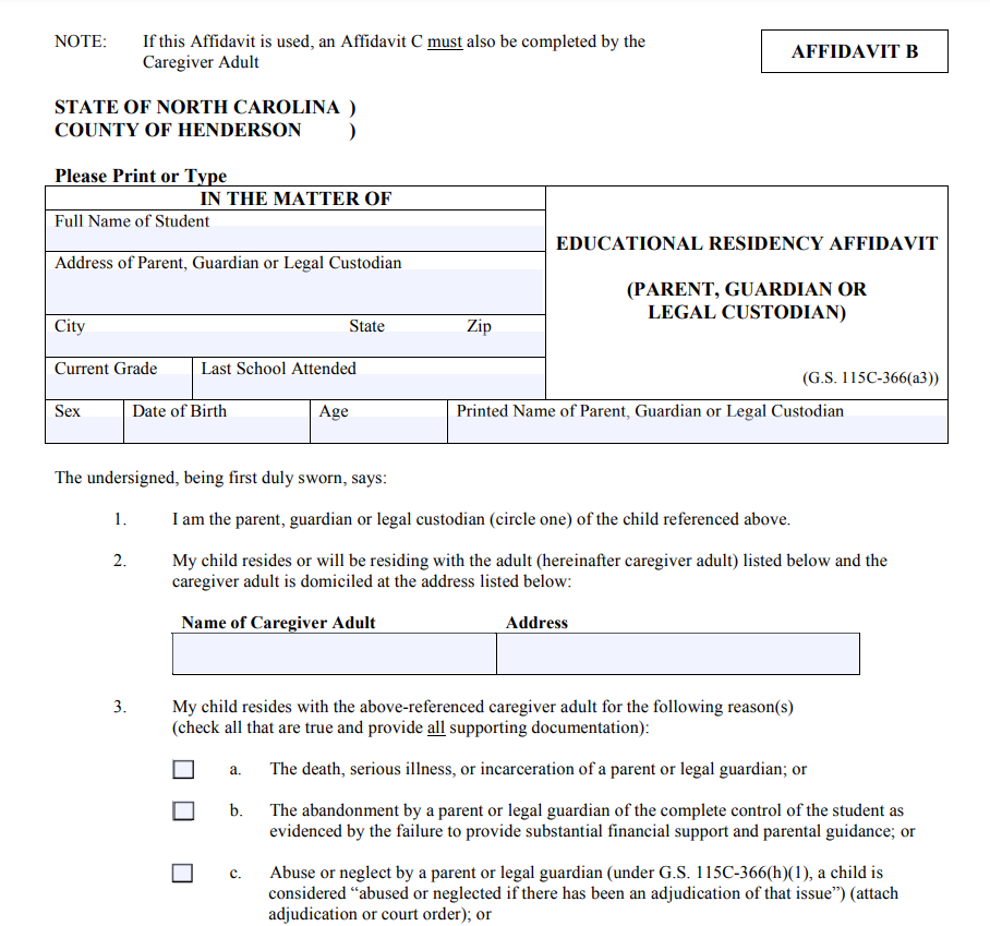 North Carolina Residency Affidavit Form