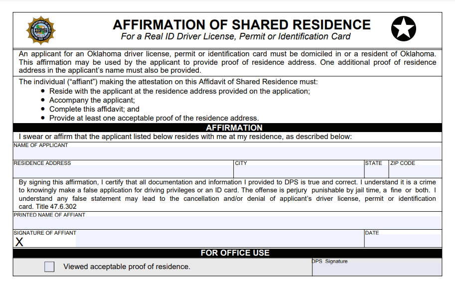 Oklahoma Residency Affidavit Form