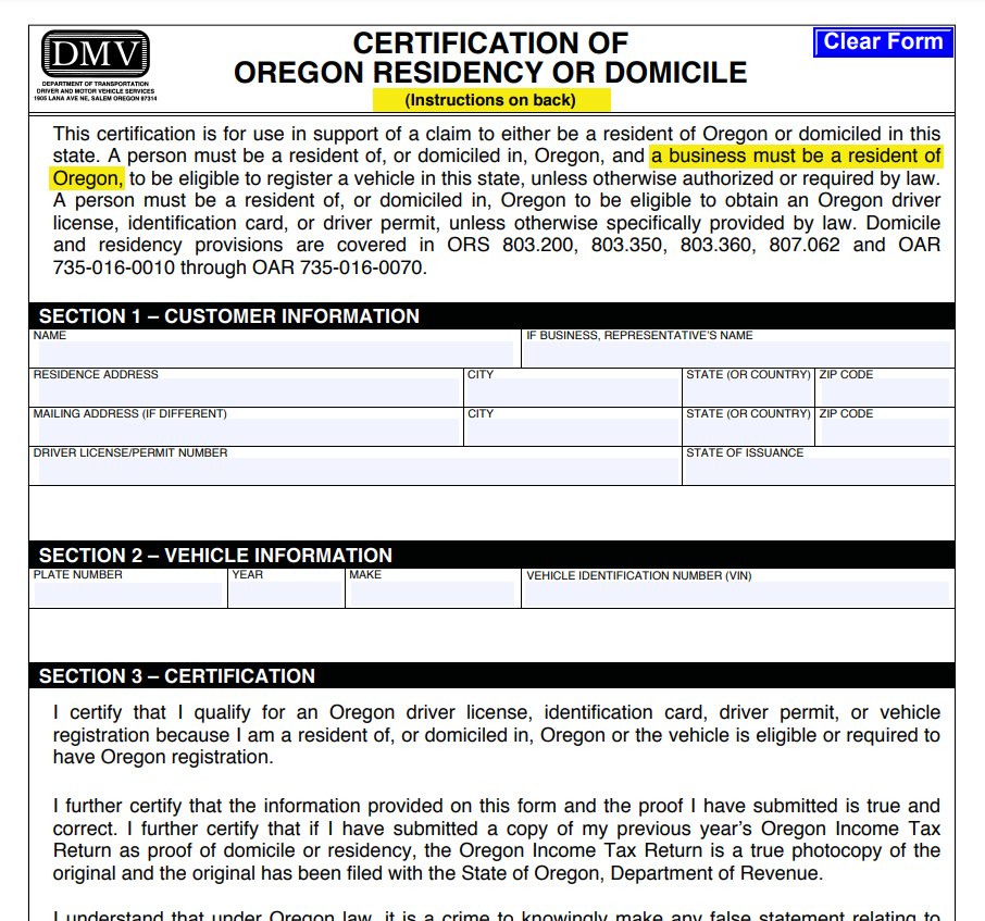 Oregon Residency Affidavit Form