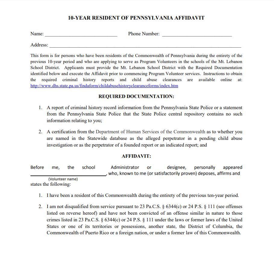 Pennsylvania Residency Affidavit Form