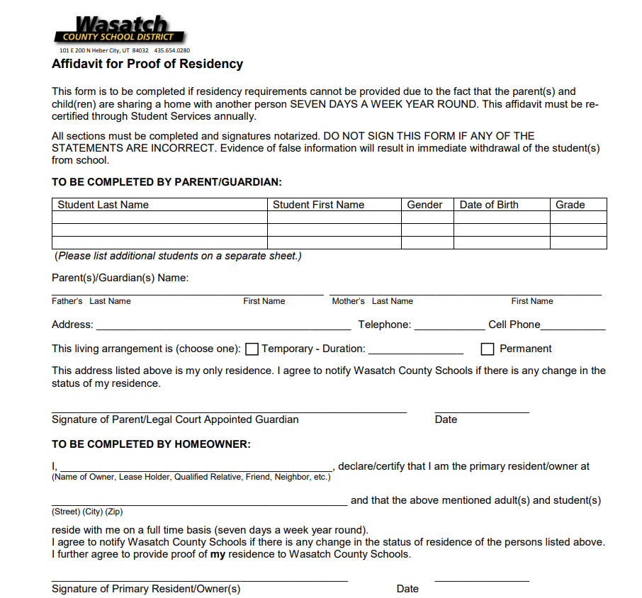 Utah Residency Affidavit Form