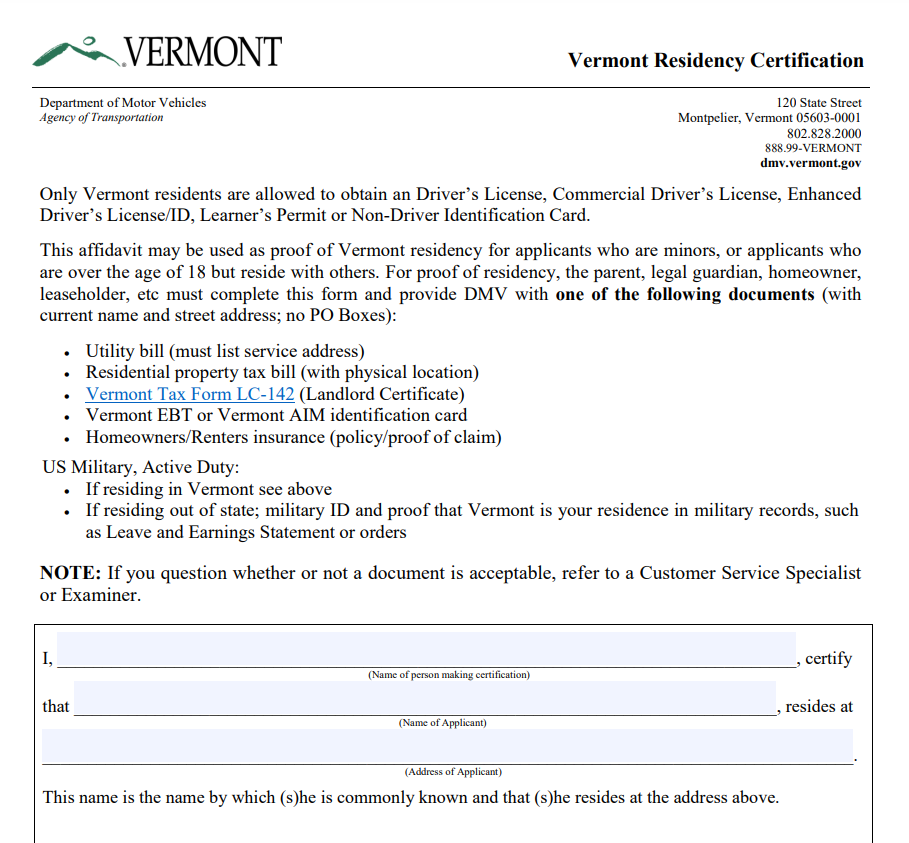 Vermont Residency Affidavit Form