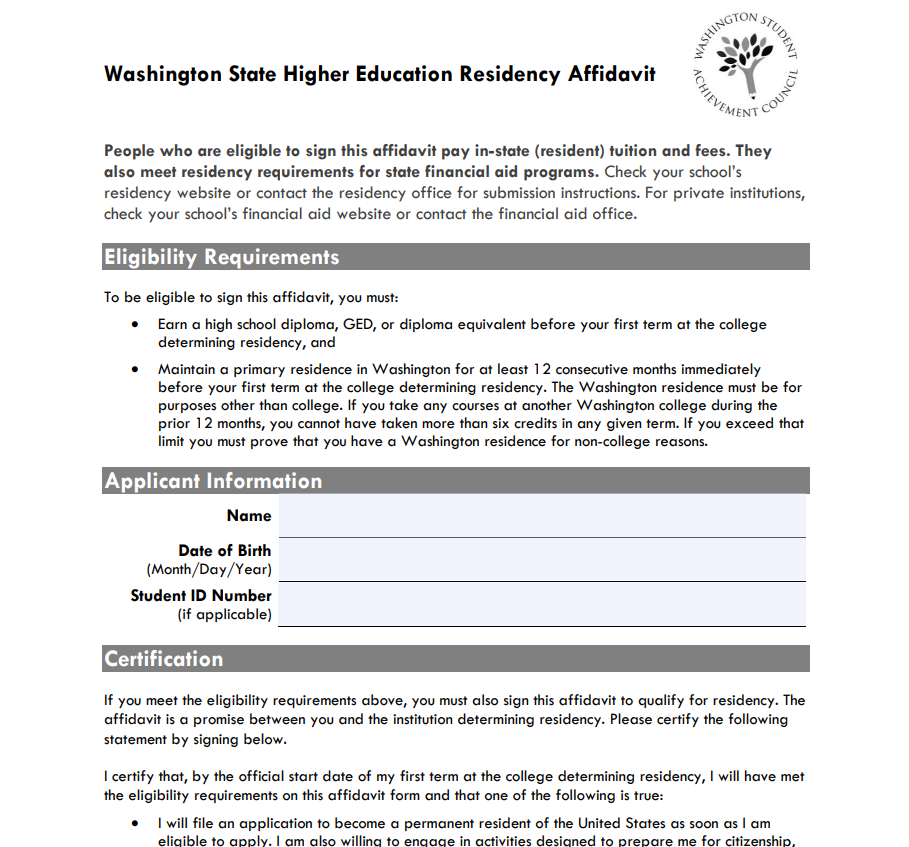Washington Residency Affidavit Form