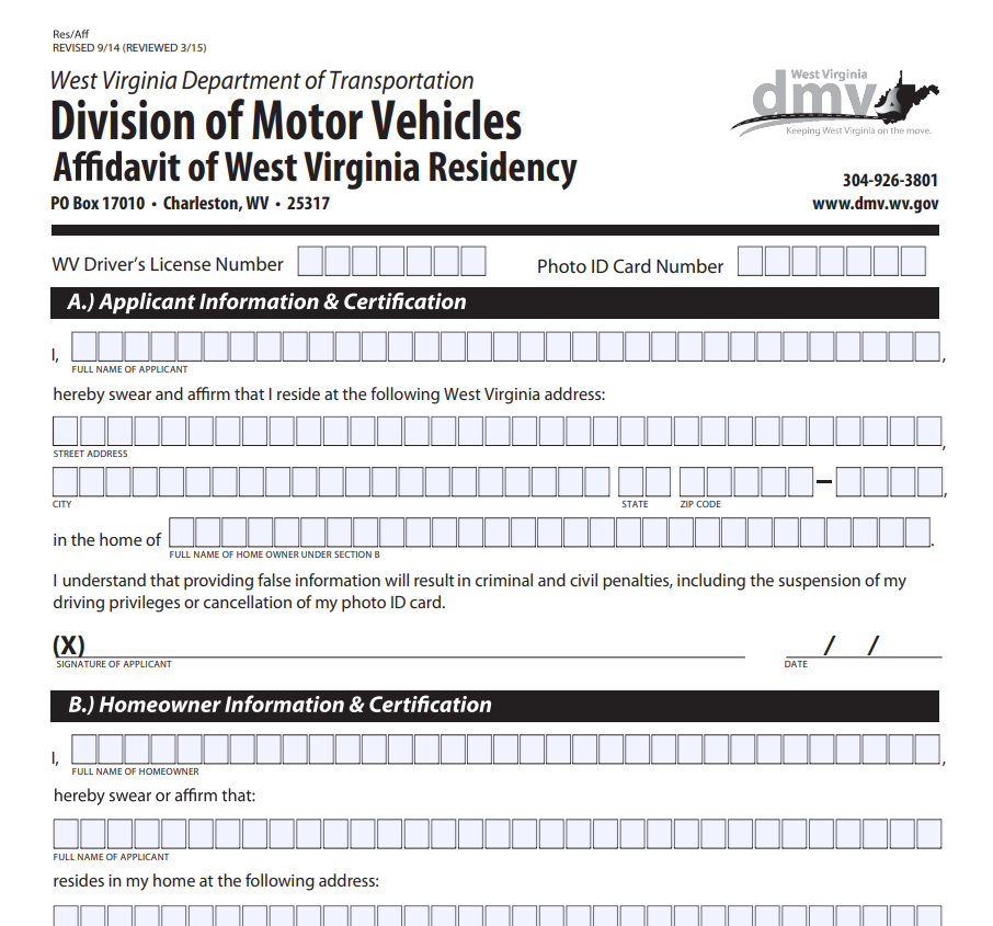 West Virginia Residency Affidavit Form