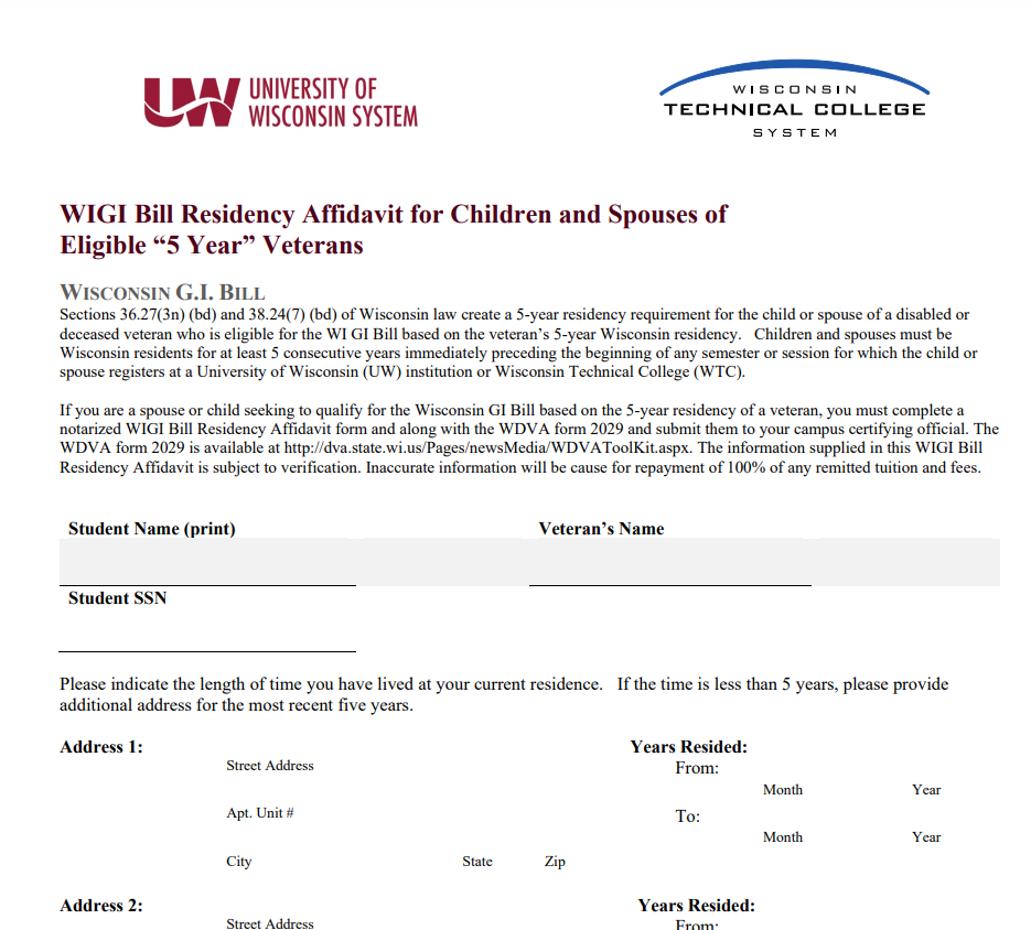 Wisconsin Residency Affidavit Form