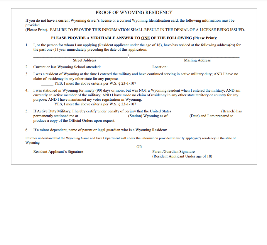 Wyoming Residency Affidavit Form