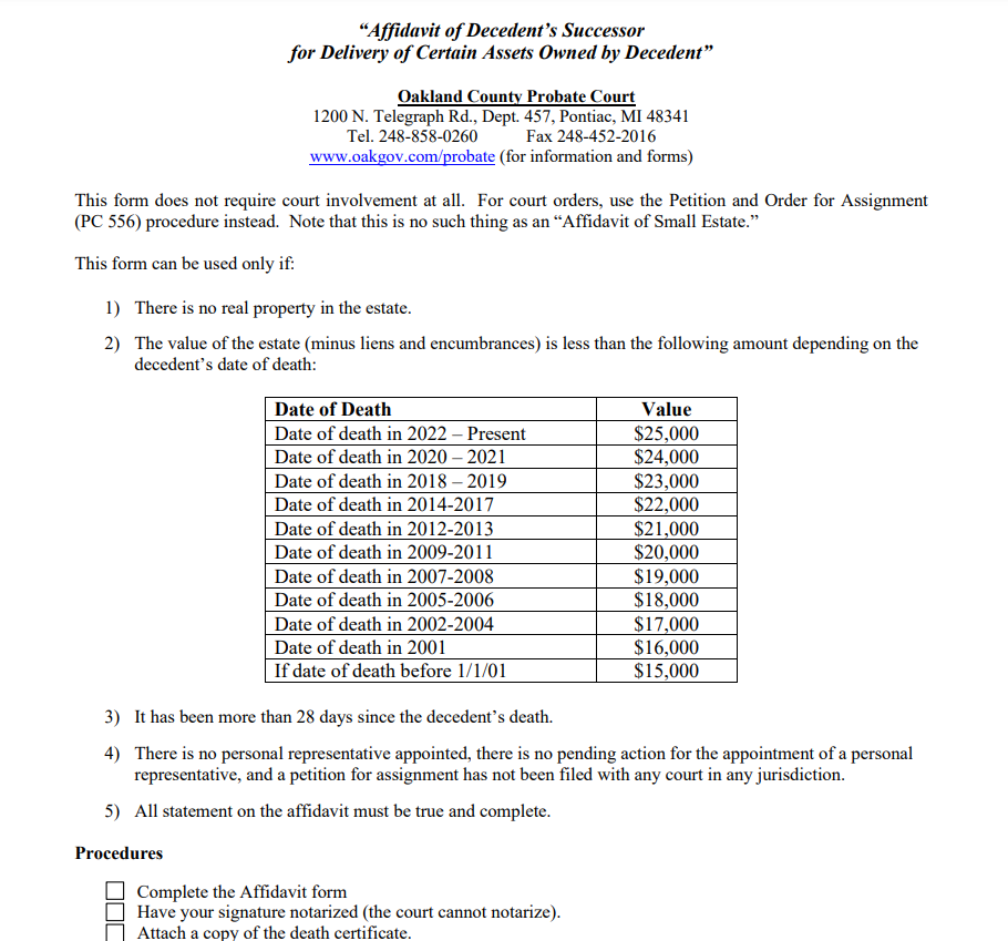 Non Probate Affidavit Michigan