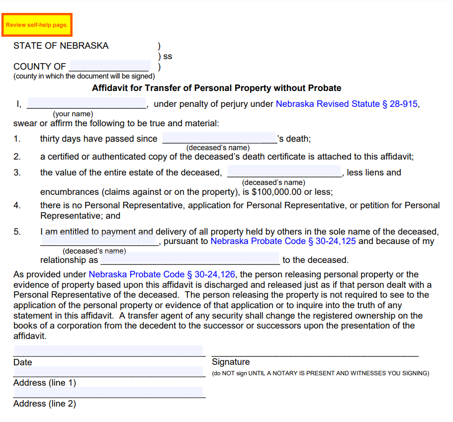 Non Probate Affidavit Nebraska