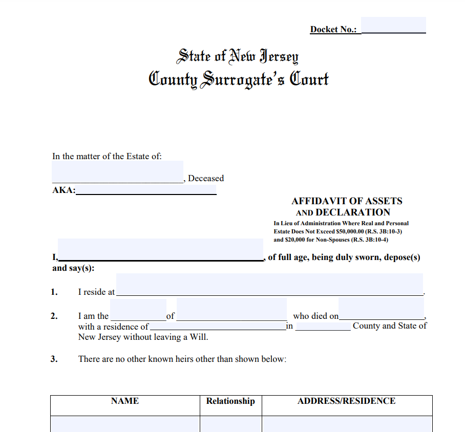Non Probate Affidavit New Jersey