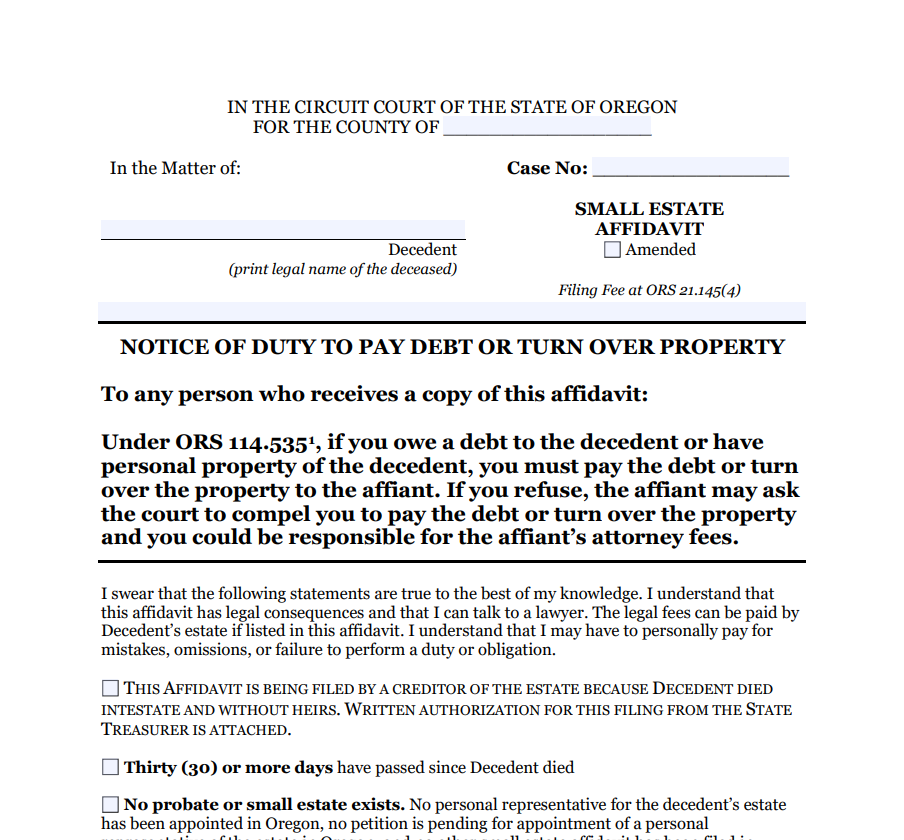Non Probate Affidavit Oregon
