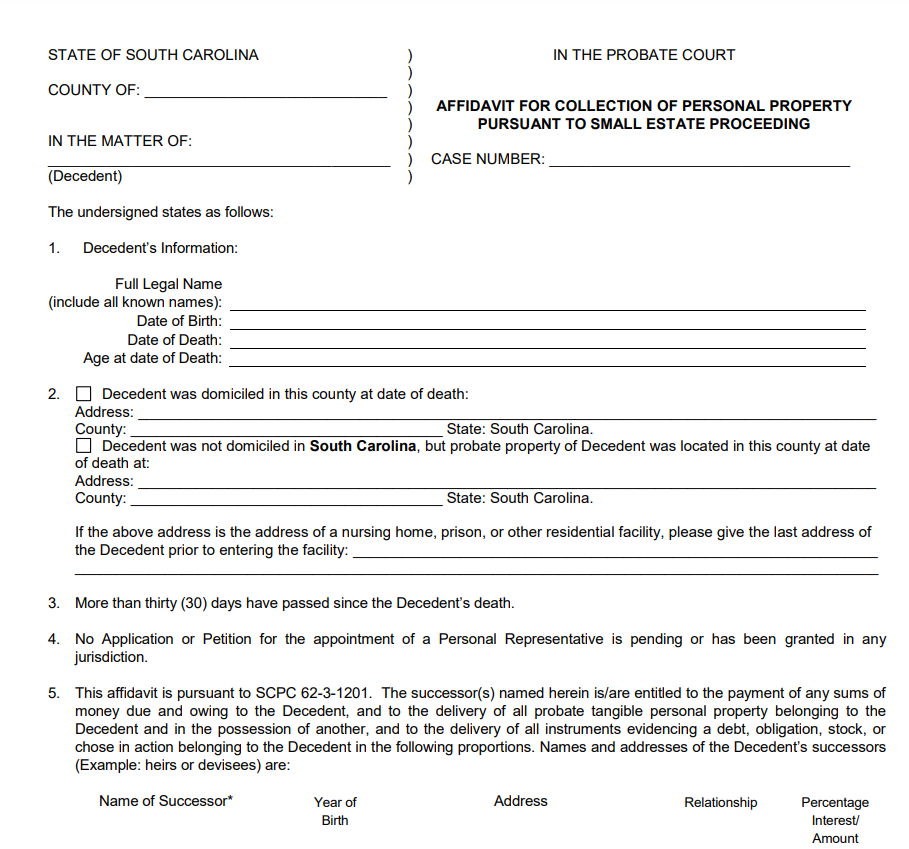 Non Probate Affidavit South Carolina