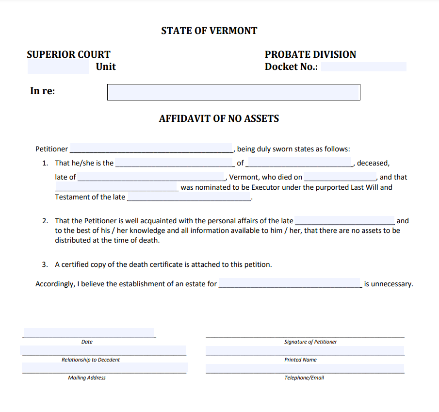 Non Probate Affidavit Vermont