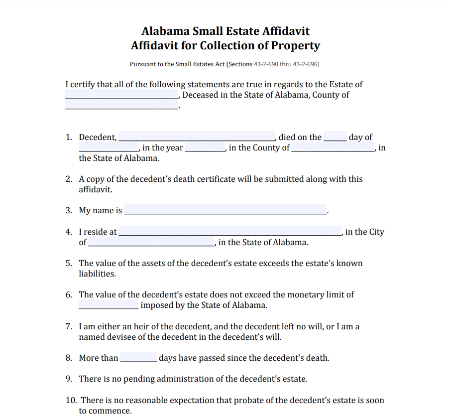 Small Estate Affidavit Form Alabama