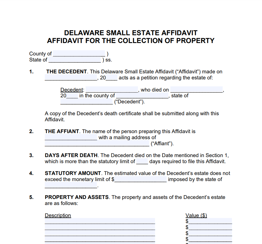Small Estate Affidavit Form Delaware