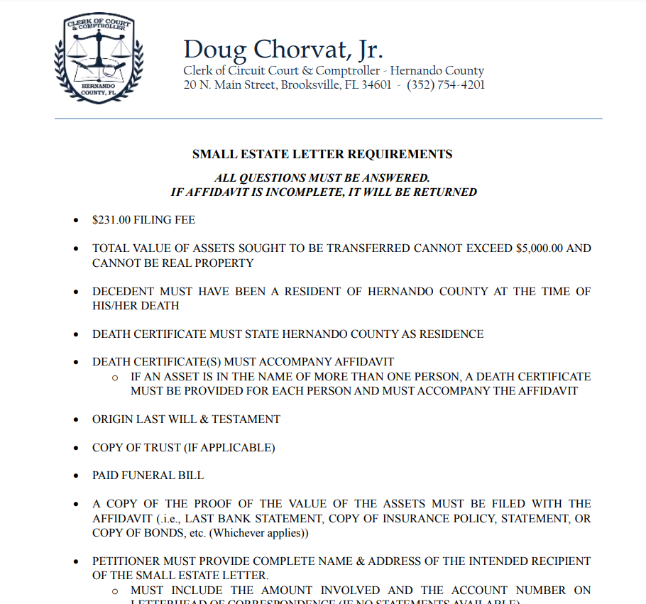 Small Estate Affidavit Form Florida