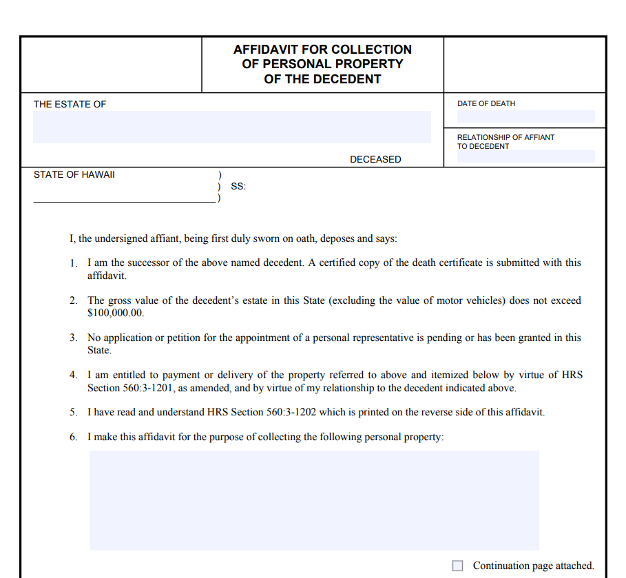 Small Estate Affidavit Form Hawaii