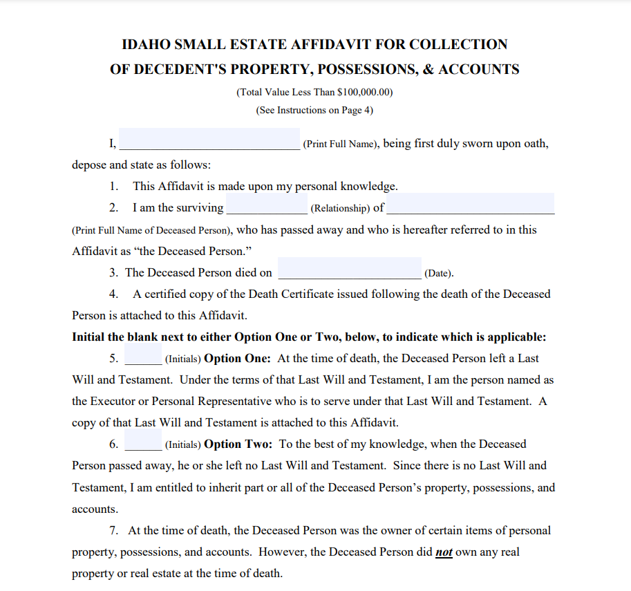 Small Estate Affidavit Form Idaho