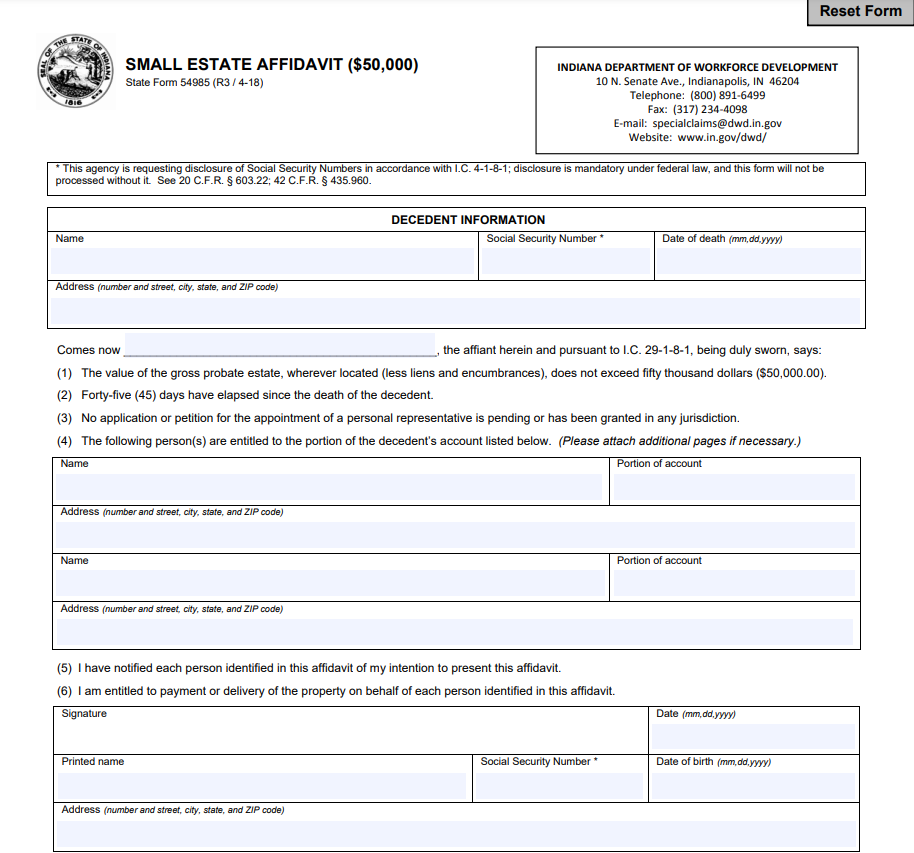Small Estate Affidavit Form Indiana