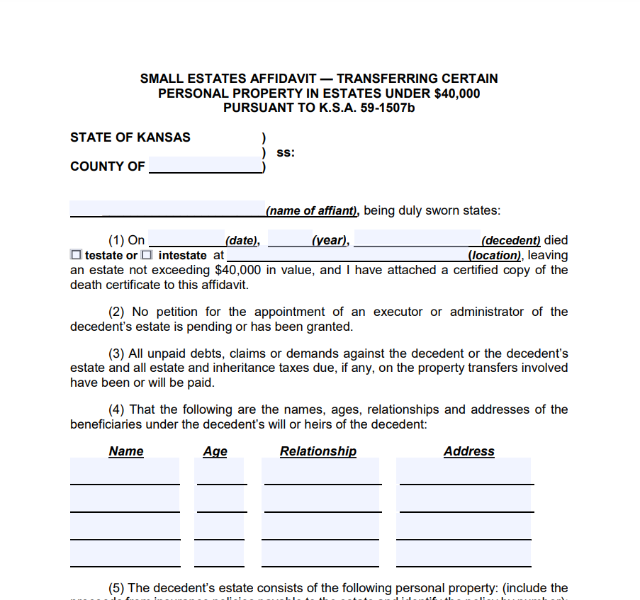 Small Estate Affidavit Form Kansas