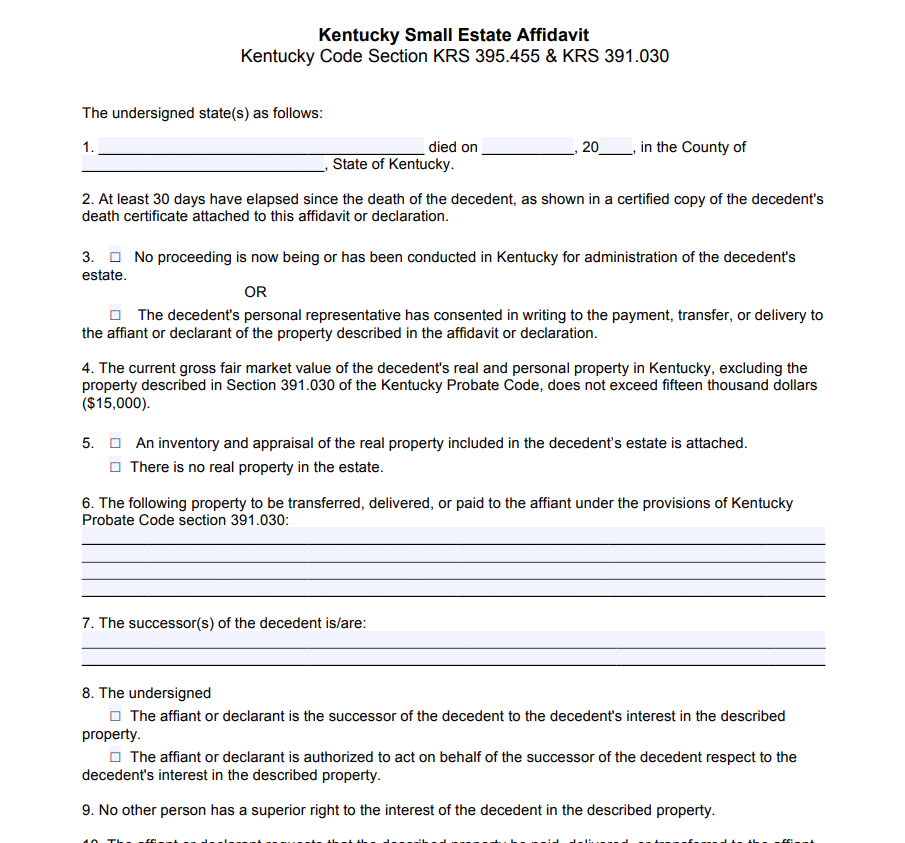Small Estate Affidavit Form Kentucky