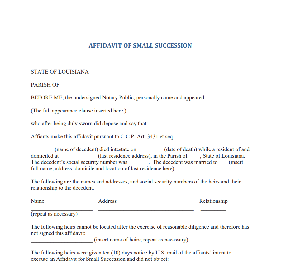 Small Estate Affidavit Form Louisiana